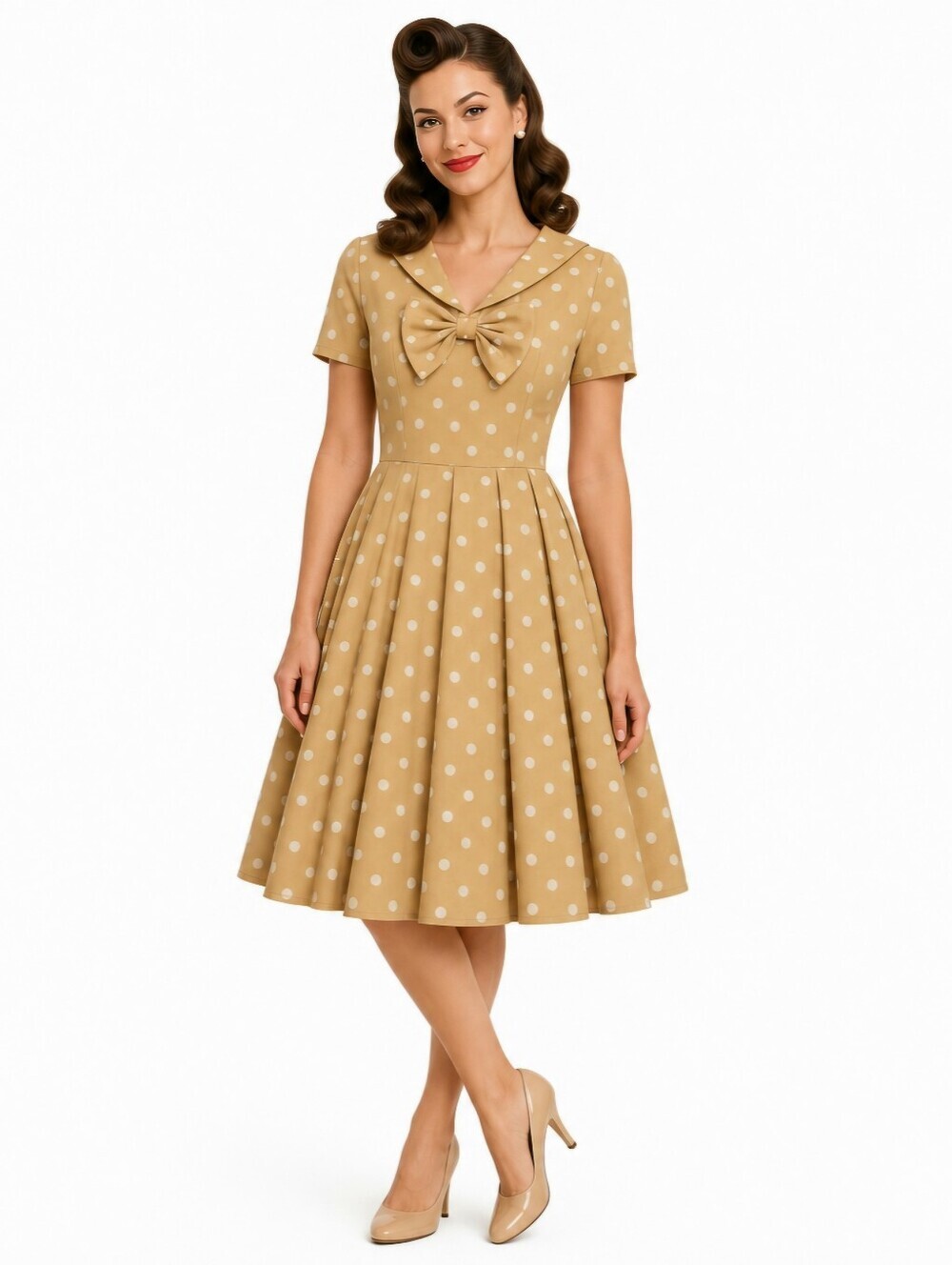 Gown Town Mustard Polka Dot Dress S Retro 50s Pin‑Up Rockabilly Fit & Flare